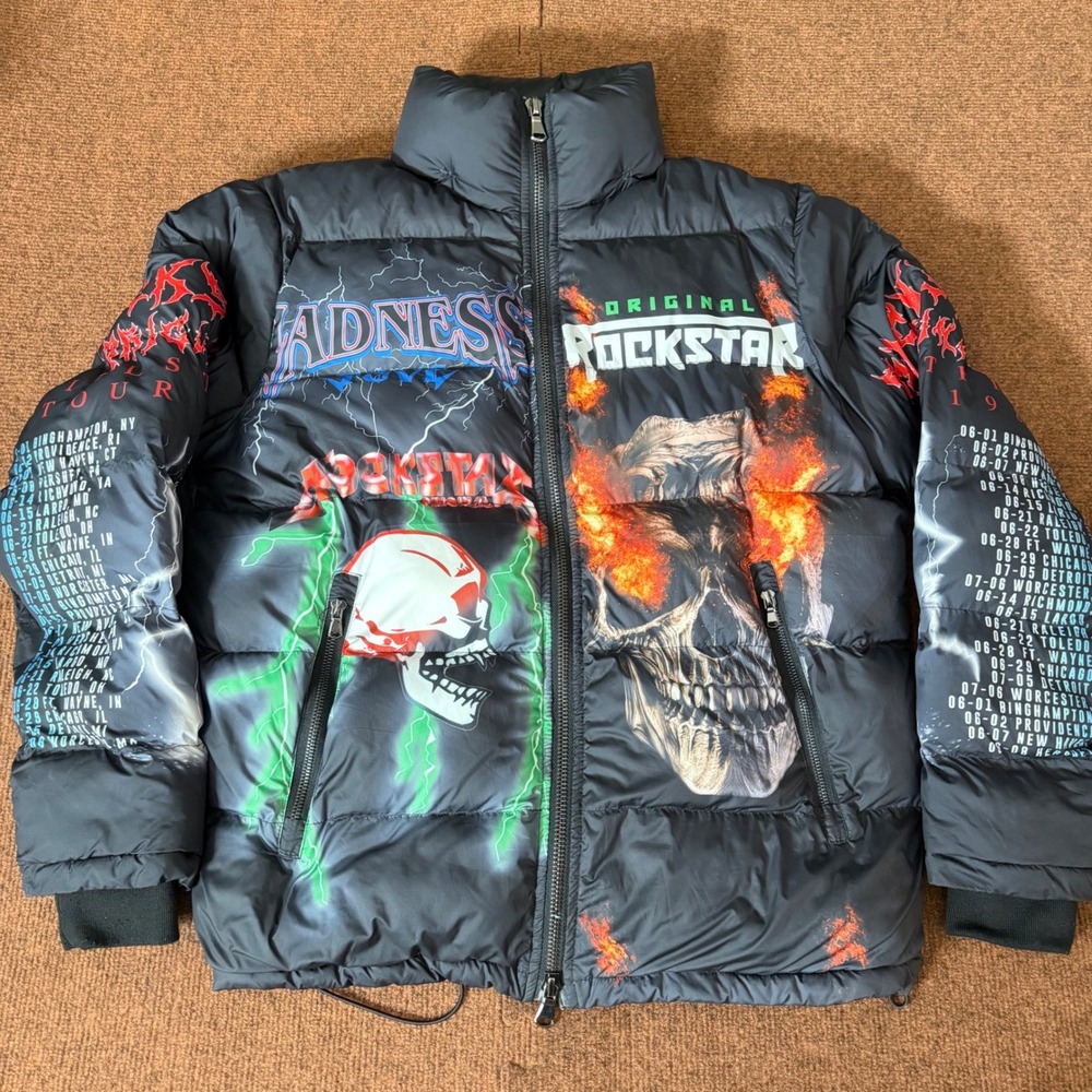 Rockstar Original Nash Puffer Jacket Mens Small Black Skull‎ Graphic Metal Tour